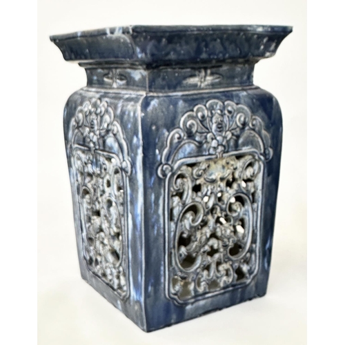 152 - STANDS, a pair, Moorish style indigo glazed blue ceramic with pierced side panels, 38cm x 38cm x 60c... 