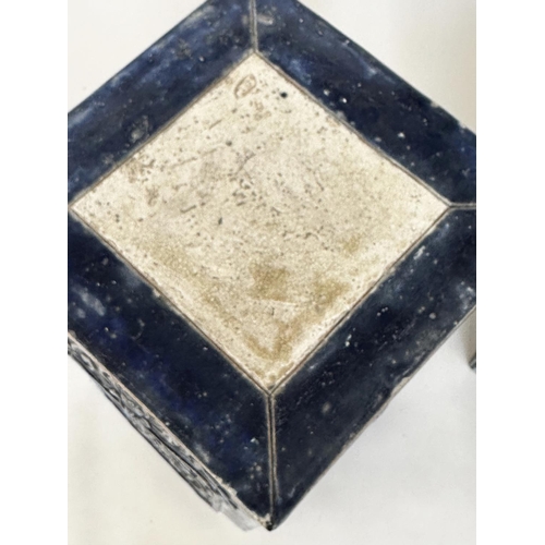 152 - STANDS, a pair, Moorish style indigo glazed blue ceramic with pierced side panels, 38cm x 38cm x 60c... 