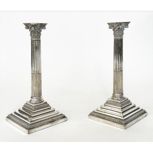 157 - CANDLESTICKS, a pair, silver plated by Richard Hodd and Son of Corinthian column form with stepped p... 