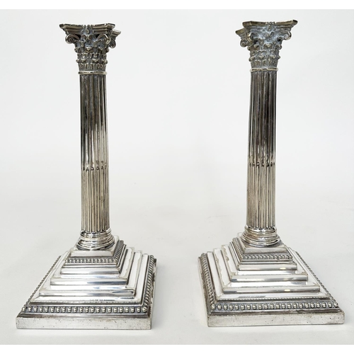 157 - CANDLESTICKS, a pair, silver plated by Richard Hodd and Son of Corinthian column form with stepped p... 