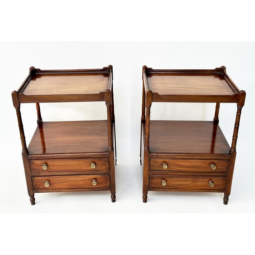 164 - LAMP TABLES, a pair, George III design figured mahogany each with galleried tops, undertier and two ... 