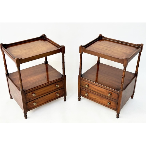 164 - LAMP TABLES, a pair, George III design figured mahogany each with galleried tops, undertier and two ... 