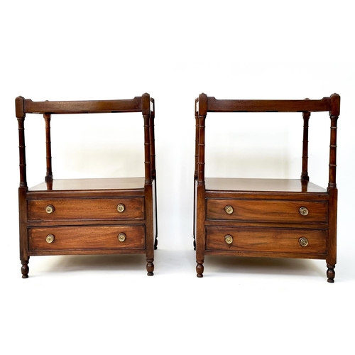 164 - LAMP TABLES, a pair, George III design figured mahogany each with galleried tops, undertier and two ... 