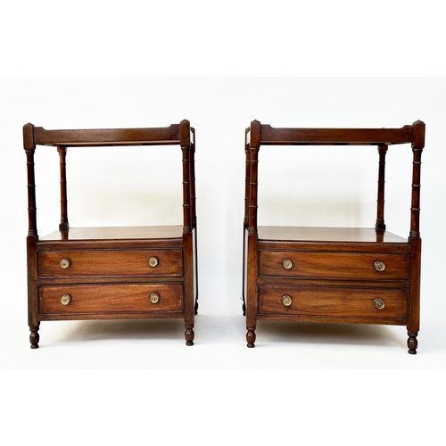 164 - LAMP TABLES, a pair, George III design figured mahogany each with galleried tops, undertier and two ... 