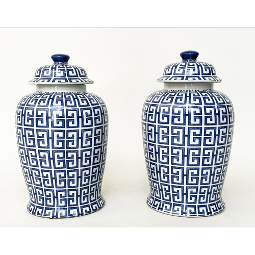 165 - TEMPLE JARS, a pair, Chinese blue and white ceramic of lidded jar form with key design, 40cm H. (2)