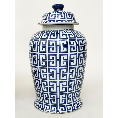 165 - TEMPLE JARS, a pair, Chinese blue and white ceramic of lidded jar form with key design, 40cm H. (2)