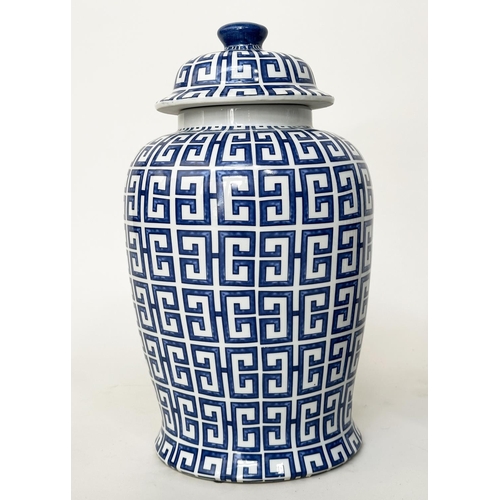 165 - TEMPLE JARS, a pair, Chinese blue and white ceramic of lidded jar form with key design, 40cm H. (2)