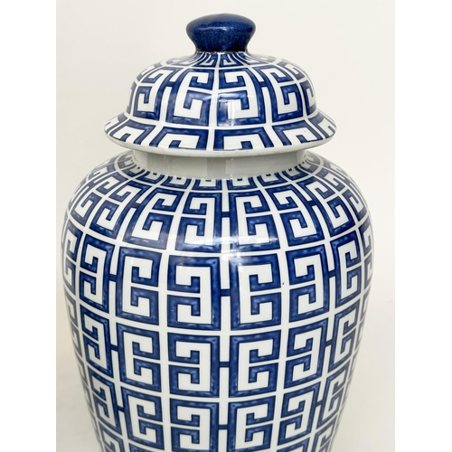 165 - TEMPLE JARS, a pair, Chinese blue and white ceramic of lidded jar form with key design, 40cm H. (2)