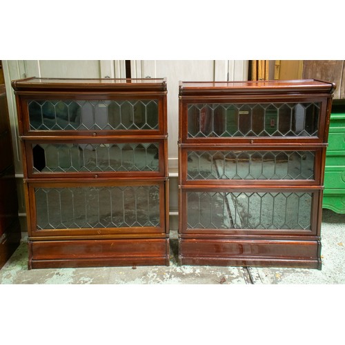 220 - GLOBE WERNICKE BOOKCASES, a near pair, circa 1900 mahogany, each in sections with three leaded glaze... 