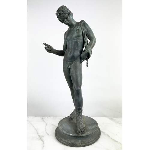 1 - BRONZE STATUE OF NARCISSUS, after the ancient found in Pompeii excavations in a verdigris finish, 60... 
