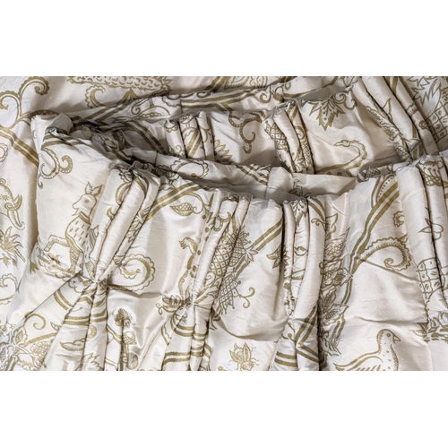 428 - CURTAINS, a pair, each 205cm W gathered by 265cm D, silk lined and interlined with scrolled foliate ... 