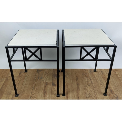 440 - SIDE TABLES, a pair, each 44cm x 44cm x 58cm H, with stone tops on metal bases. (2)