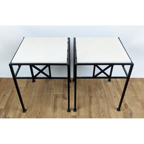 440 - SIDE TABLES, a pair, each 44cm x 44cm x 58cm H, with stone tops on metal bases. (2)