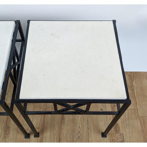 440 - SIDE TABLES, a pair, each 44cm x 44cm x 58cm H, with stone tops on metal bases. (2)