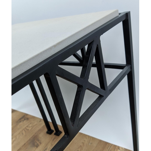 440 - SIDE TABLES, a pair, each 44cm x 44cm x 58cm H, with stone tops on metal bases. (2)