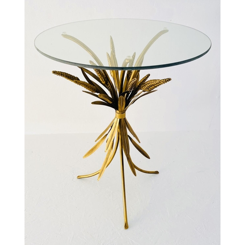 442 - MAISON JANSEN STYLE SIDE TABLE, 67cm high, 47cm diameter, wheat sheaf design, gilt metal, glass top.