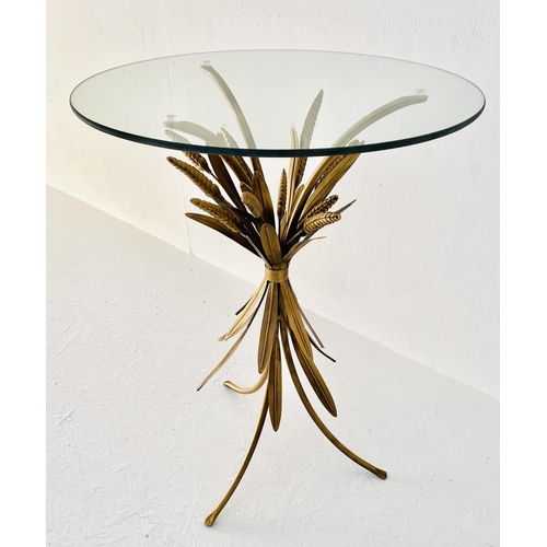 442 - MAISON JANSEN STYLE SIDE TABLE, 67cm high, 47cm diameter, wheat sheaf design, gilt metal, glass top.