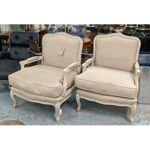 455 - ARMCHAIRS, a pair, French style, neutral upholstered, studded detail, 75cm W. (2)