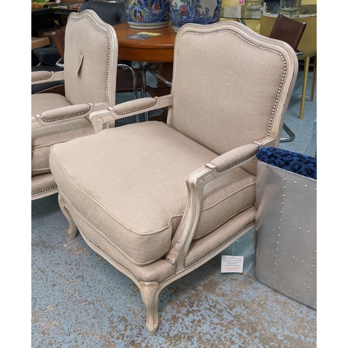 455 - ARMCHAIRS, a pair, French style, neutral upholstered, studded detail, 75cm W. (2)