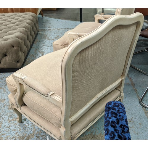 455 - ARMCHAIRS, a pair, French style, neutral upholstered, studded detail, 75cm W. (2)