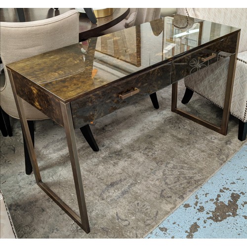 457 - VANITY TABLE, 120cm x 50cm x 75.5cm, tortoise shell effect glass, two drawers, gilt metal supports.