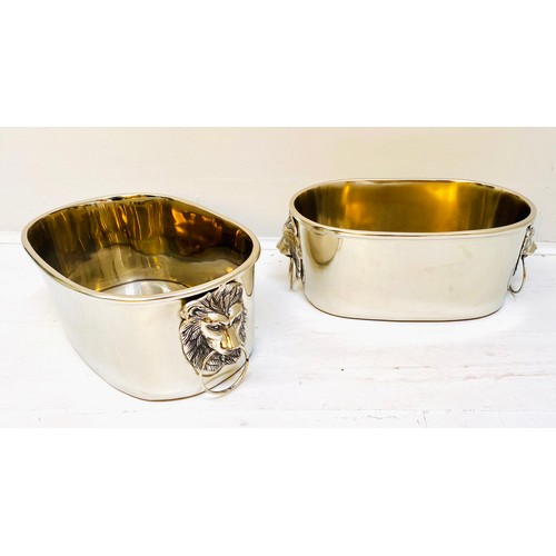 446 - CHAMPAGNE BATHS, a pair, 16cm high, 45cm wide, 26cm deep, lion head ring handles, polish metal. (2)