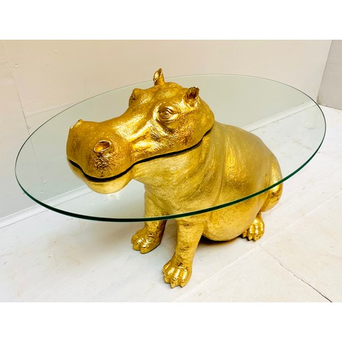 447 - HIPPOPOTAMUS LOW TABLE, 65cm x 50cm x 45cm, gilt finish to body, glass top.