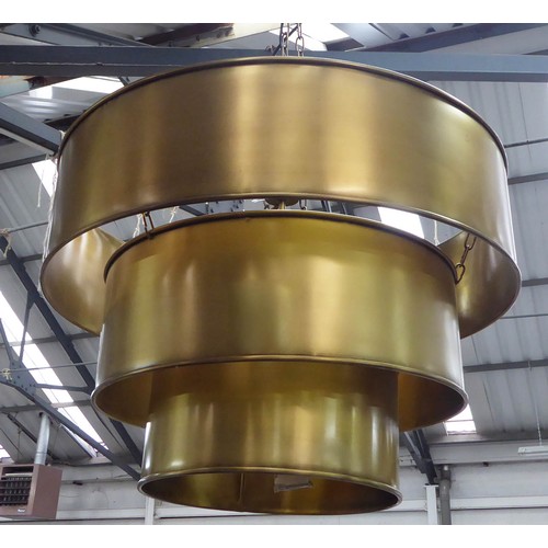 430 - CEILING PENDANT LIGHT, three tier gilt metal shade design, 205cm drop.