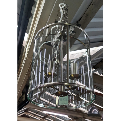 378 - HALL LANTERN, 200cm drop, polished metal and glass, 4 branch light.