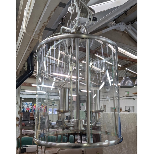 378 - HALL LANTERN, 200cm drop, polished metal and glass, 4 branch light.