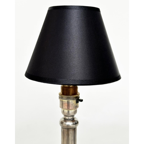 155 - TABLE LAMPS, a pair, Georgian style silvered of column form with shades, 42cm H. (2)