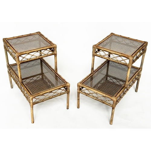 174 - LAMP TABLES, a pair, rattan, bamboo wicker panelled and cane bound, each glazed with two stepped tie... 