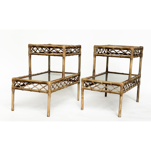 174 - LAMP TABLES, a pair, rattan, bamboo wicker panelled and cane bound, each glazed with two stepped tie... 