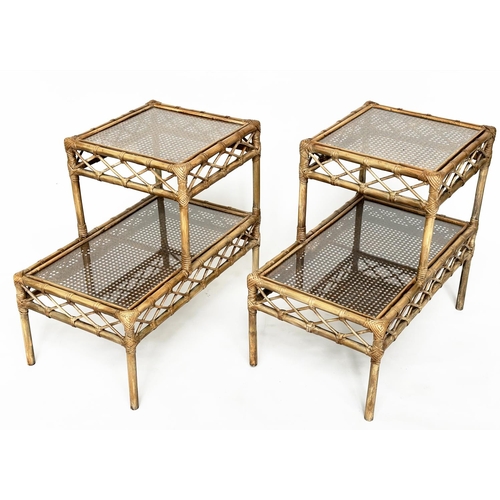 174 - LAMP TABLES, a pair, rattan, bamboo wicker panelled and cane bound, each glazed with two stepped tie... 