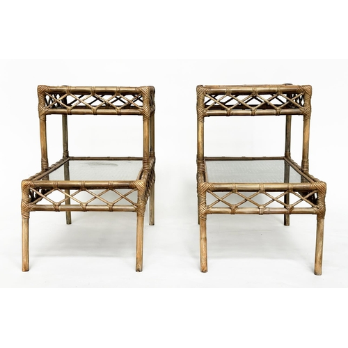 174 - LAMP TABLES, a pair, rattan, bamboo wicker panelled and cane bound, each glazed with two stepped tie... 