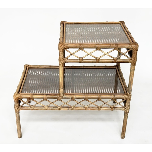 174 - LAMP TABLES, a pair, rattan, bamboo wicker panelled and cane bound, each glazed with two stepped tie... 