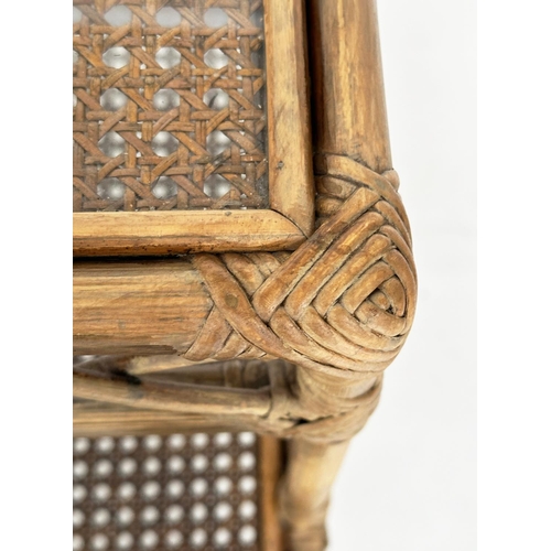 174 - LAMP TABLES, a pair, rattan, bamboo wicker panelled and cane bound, each glazed with two stepped tie... 