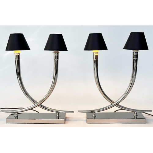 175 - TABLE LAMPS, a pair, chrome each with interlocking 'horns' on chromium plinths by RV ASTLEY, 56cm H ... 