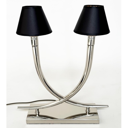 175 - TABLE LAMPS, a pair, chrome each with interlocking 'horns' on chromium plinths by RV ASTLEY, 56cm H ... 