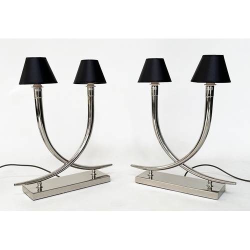 175 - TABLE LAMPS, a pair, chrome each with interlocking 'horns' on chromium plinths by RV ASTLEY, 56cm H ... 