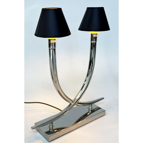 175 - TABLE LAMPS, a pair, chrome each with interlocking 'horns' on chromium plinths by RV ASTLEY, 56cm H ... 