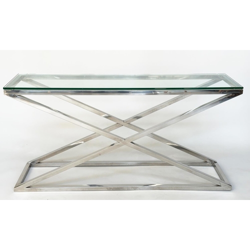 295 - CONSOLE TABLE BY EICHHOLTZ, rectangular 12mm plate glass, on 'X' chrome support, 150cm W x 40cm D x ... 