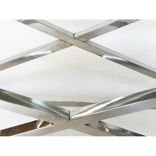 295 - CONSOLE TABLE BY EICHHOLTZ, rectangular 12mm plate glass, on 'X' chrome support, 150cm W x 40cm D x ... 