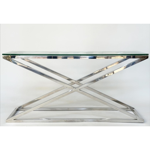 295 - CONSOLE TABLE BY EICHHOLTZ, rectangular 12mm plate glass, on 'X' chrome support, 150cm W x 40cm D x ... 