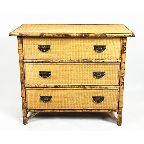 217 - CHEST, 80cm H x 91cm W x 46cm D, circa 1900, bamboo and rattan of three drawers.