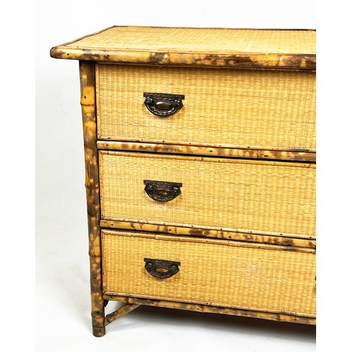 217 - CHEST, 80cm H x 91cm W x 46cm D, circa 1900, bamboo and rattan of three drawers.