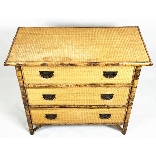 217 - CHEST, 80cm H x 91cm W x 46cm D, circa 1900, bamboo and rattan of three drawers.