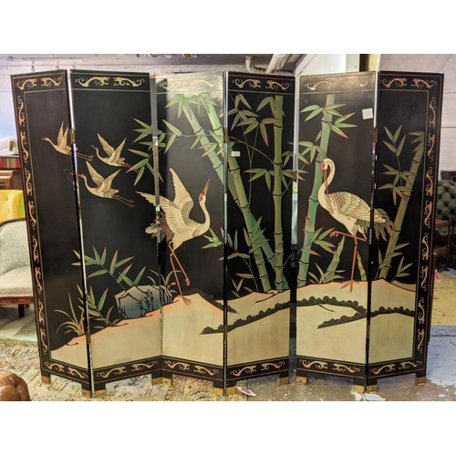 136 - SCREEN, six panels, each panel 41cm W x 185cm H, Chinese lacquer depicting bamboo and birds.