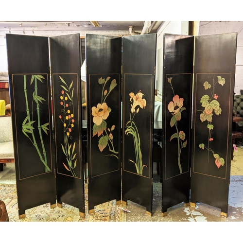 136 - SCREEN, six panels, each panel 41cm W x 185cm H, Chinese lacquer depicting bamboo and birds.