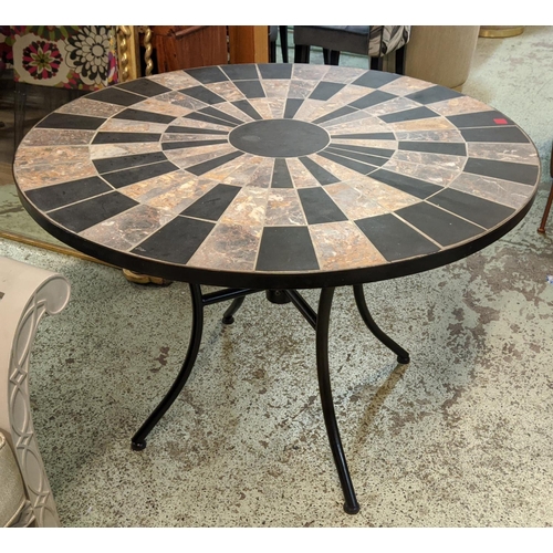 367 - CIRCULAR TABLE, 105cm W x 76cm H, with an inlaid geometric design top, on a metal base.